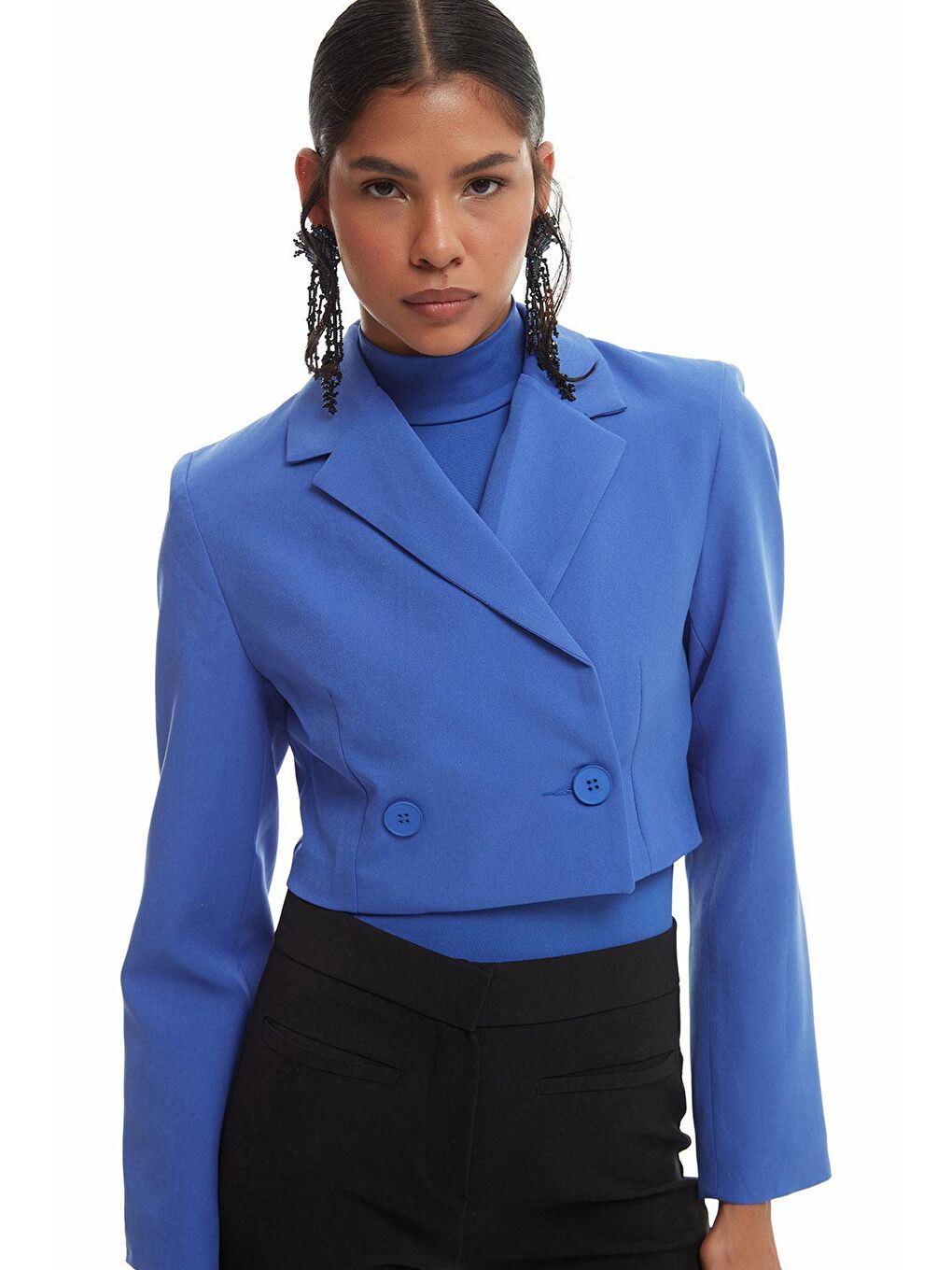 Kruvaze Crop Blazer Ceket Koyu Mavi-3