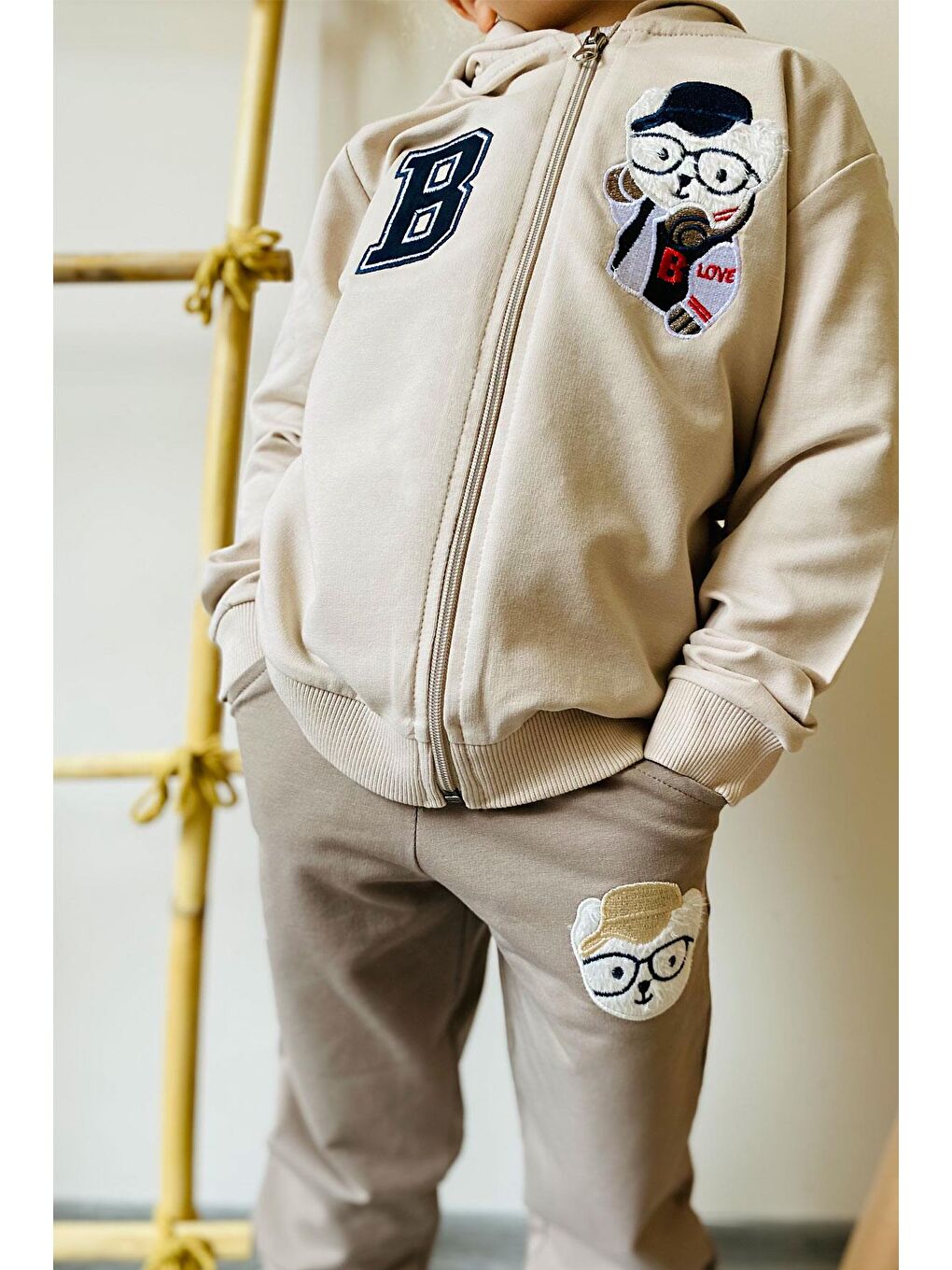 Erkek Bebek Eşofman Takım Havalı Ayıcık Nakışlı Bej (1.5 Yaş)-3