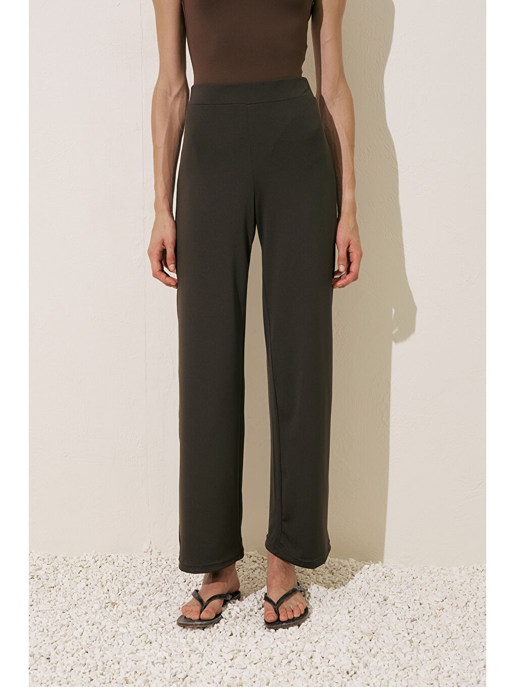 Geniş Uzun Paça Mayo Pantolon Kahverengi-6