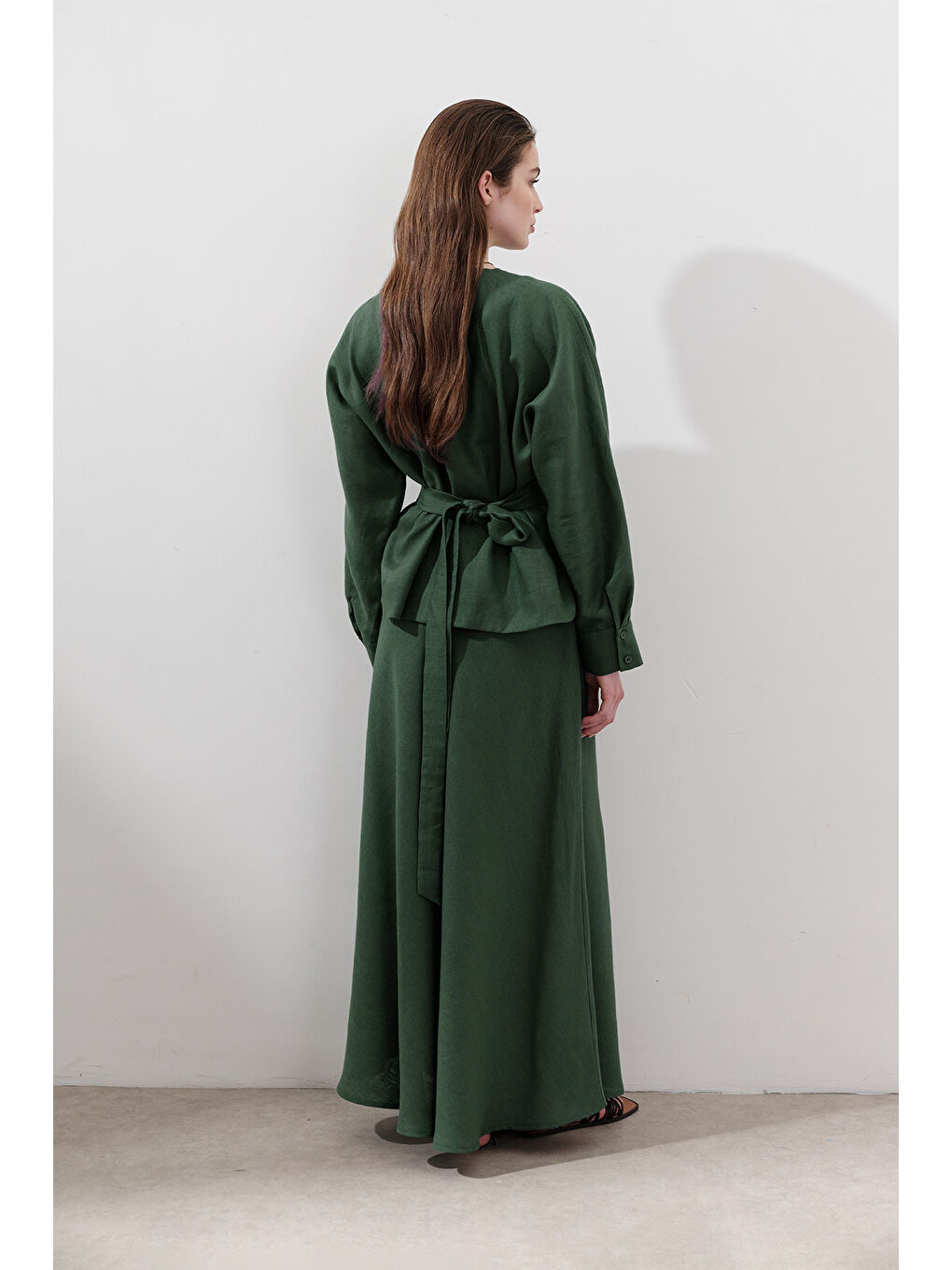 Keten Kruvaze Bağlamalı Bluz Petrol-5