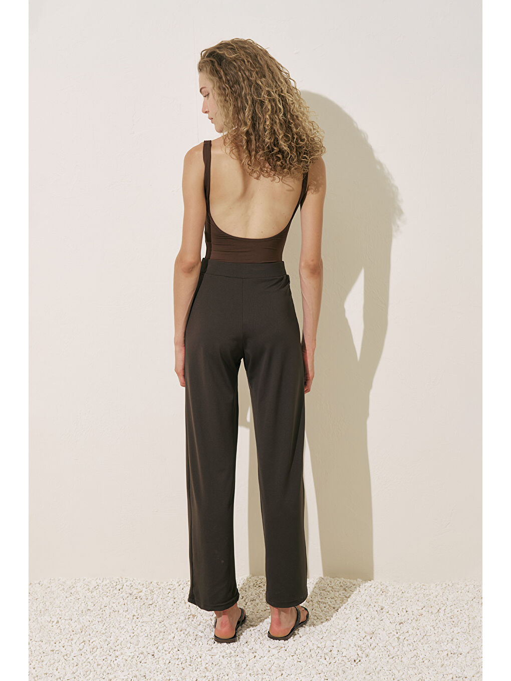 Geniş Uzun Paça Mayo Pantolon Kahverengi-7