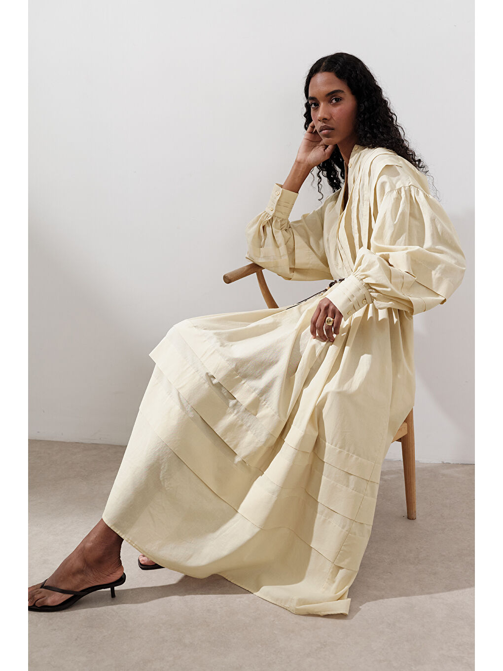 Nervürlü Geniş Elbise Sarı