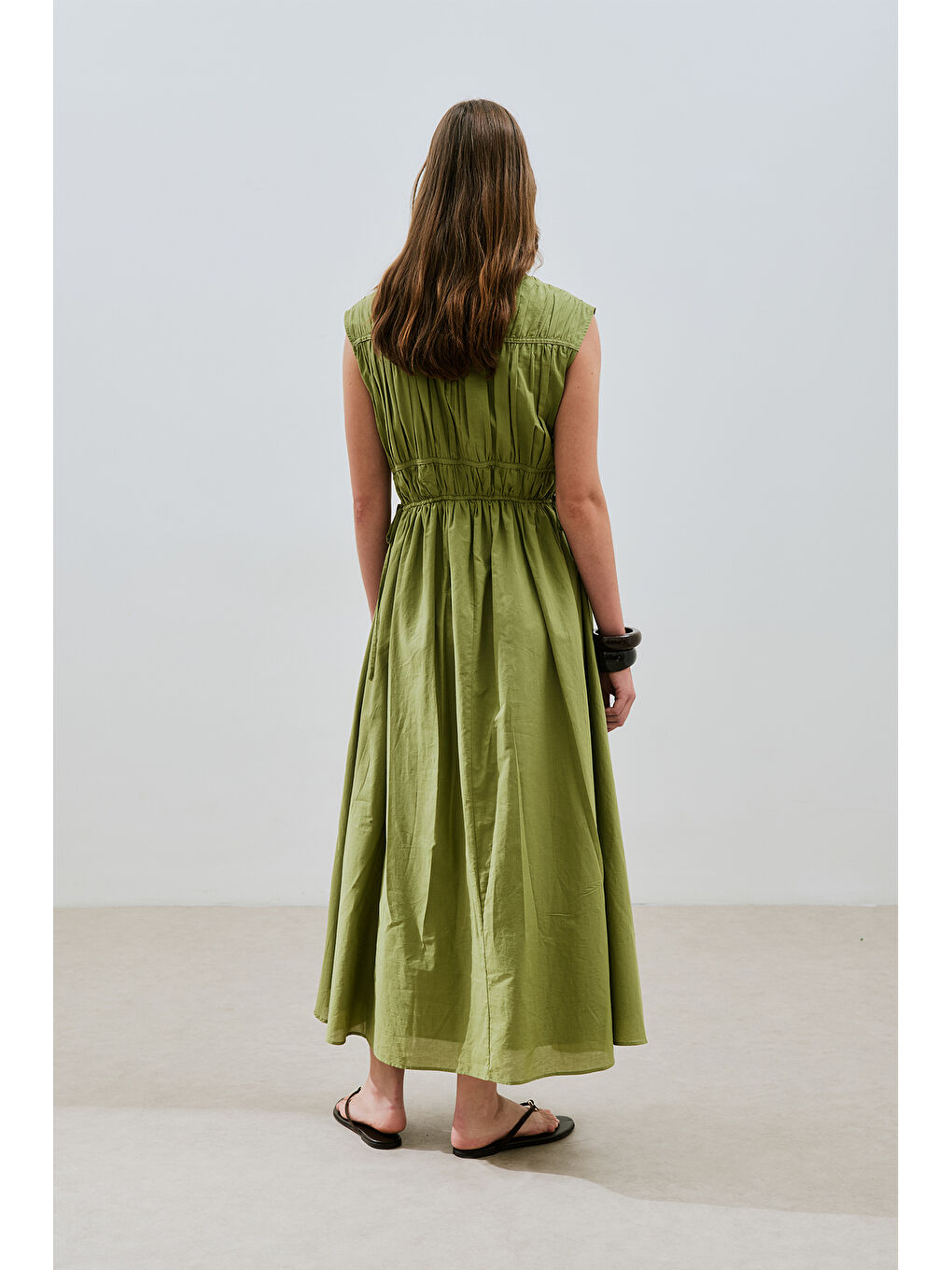 Büzgülü Bağlama Detaylı Elbise Yeşil-7