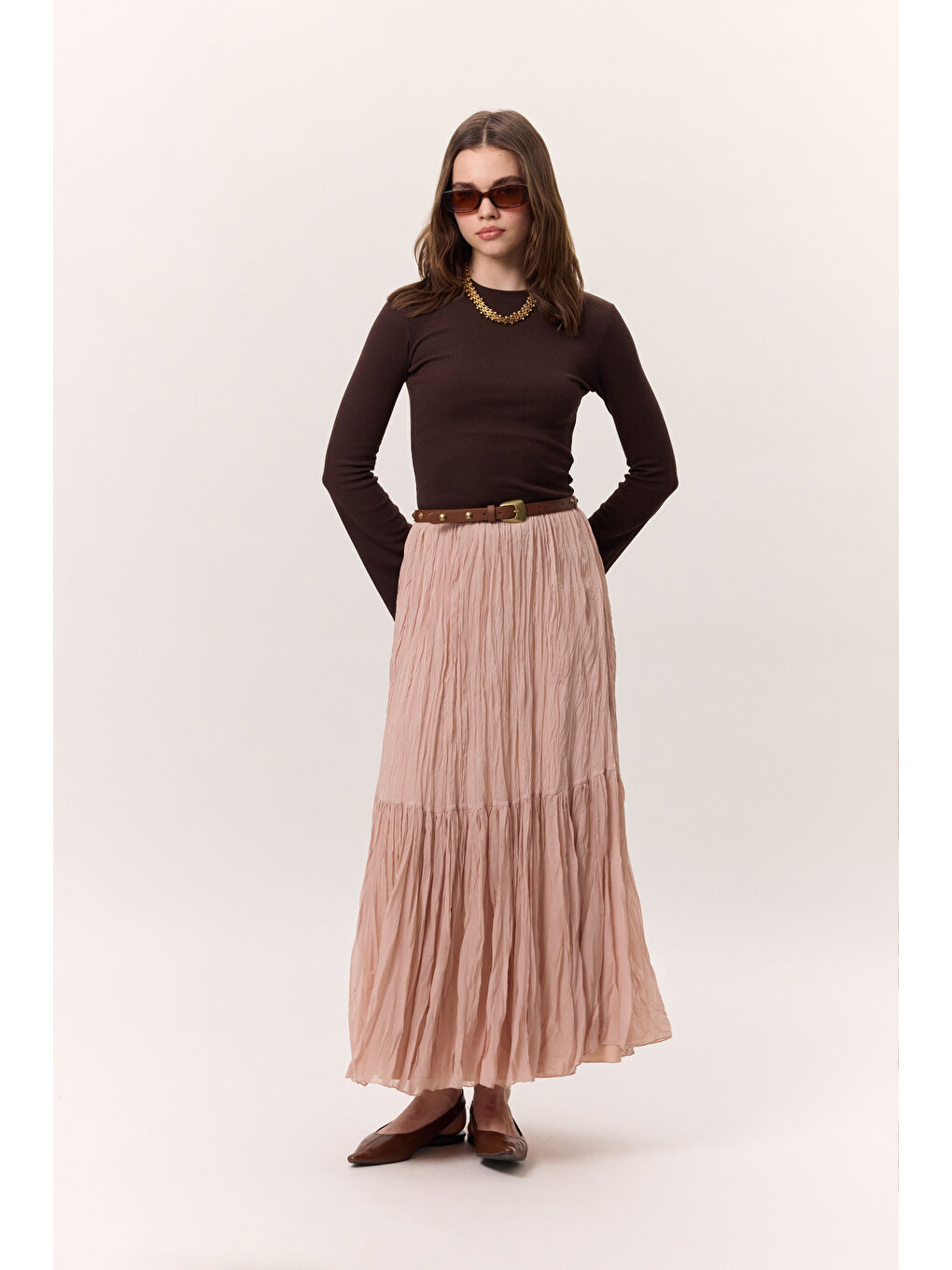 Pembe Crush Piliseli Uzun Etek Pudra-3