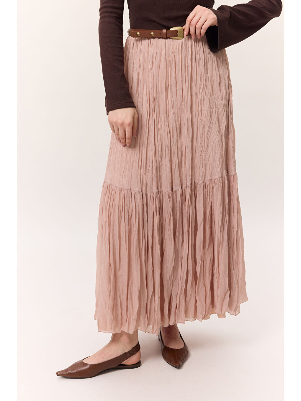 Pembe Crush Piliseli Uzun Etek Pudra-4