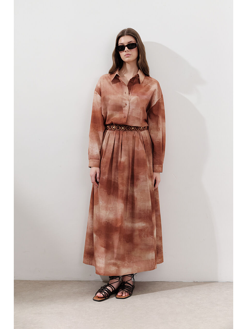 Kahverengi Desenli Pamuklu Hafif Etek Kiremit-3