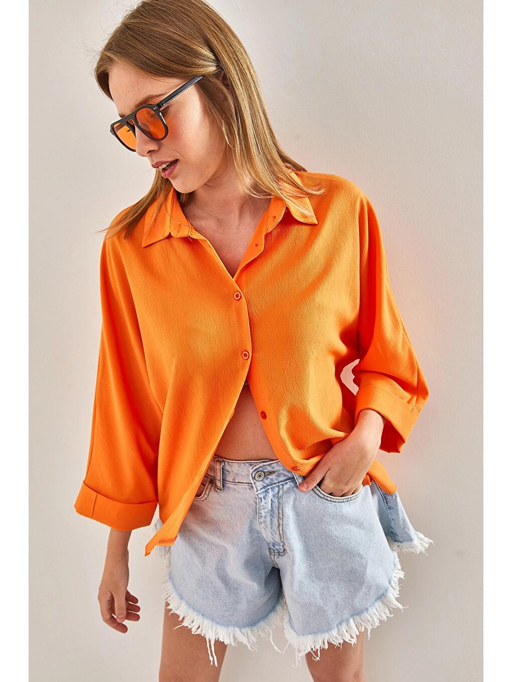 Turuncu Kadın Yarasa Kol Gömlek 4608-1