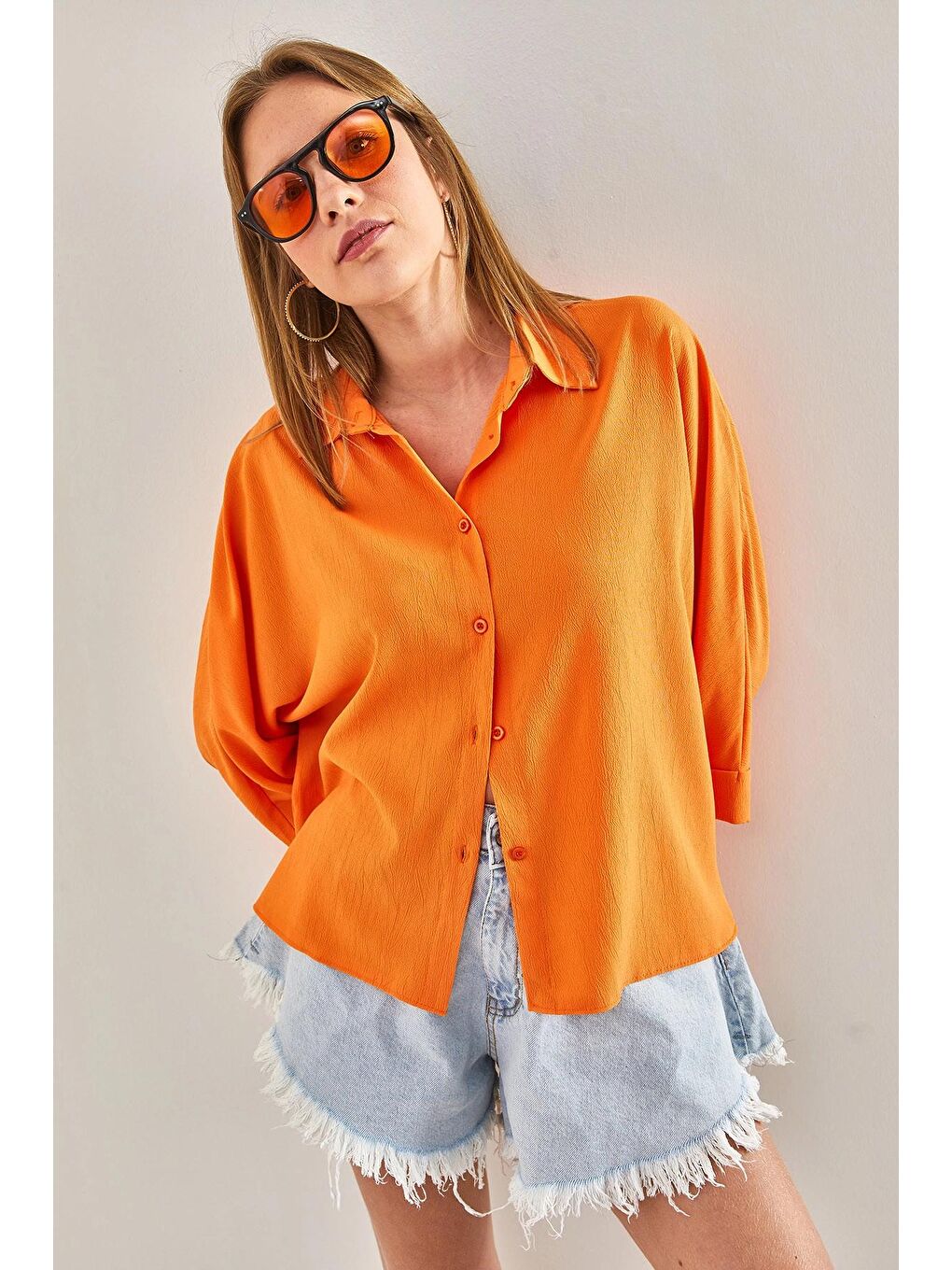Turuncu Kadın Yarasa Kol Gömlek 4608-2