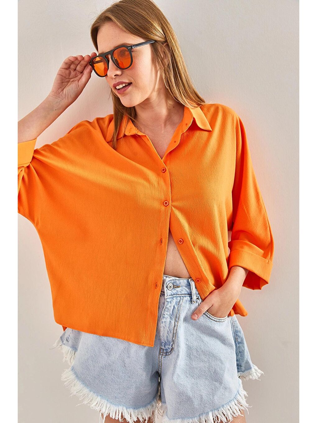 Turuncu Kadın Yarasa Kol Gömlek 4608-4