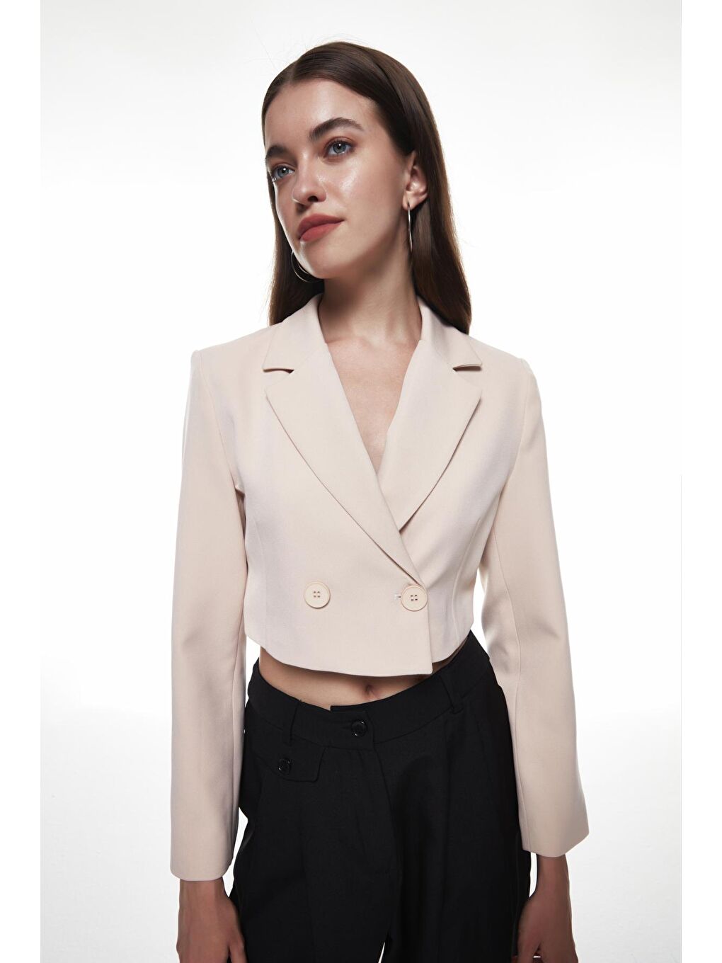 QUZU Bej Kruvaze Crop Blazer Ceket Bej - 2