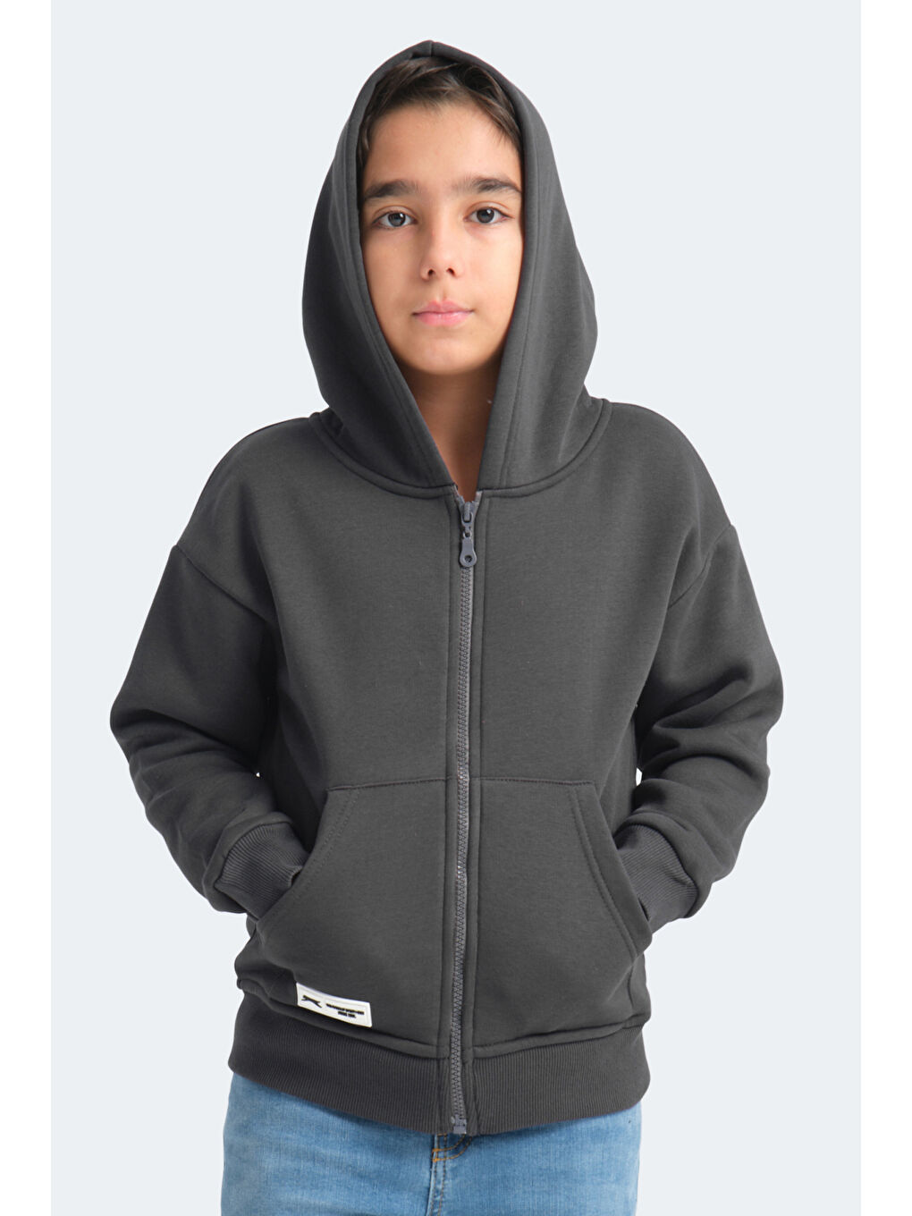 LEKAN Unisex Çocuk Fermuarlı Kapüşonlu Cepli Koyu Gri Sweatshirt-2