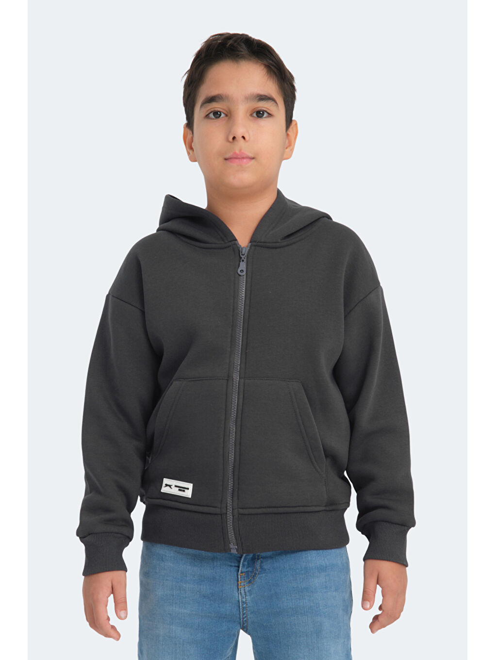 LEKAN Unisex Çocuk Fermuarlı Kapüşonlu Cepli Koyu Gri Sweatshirt-3