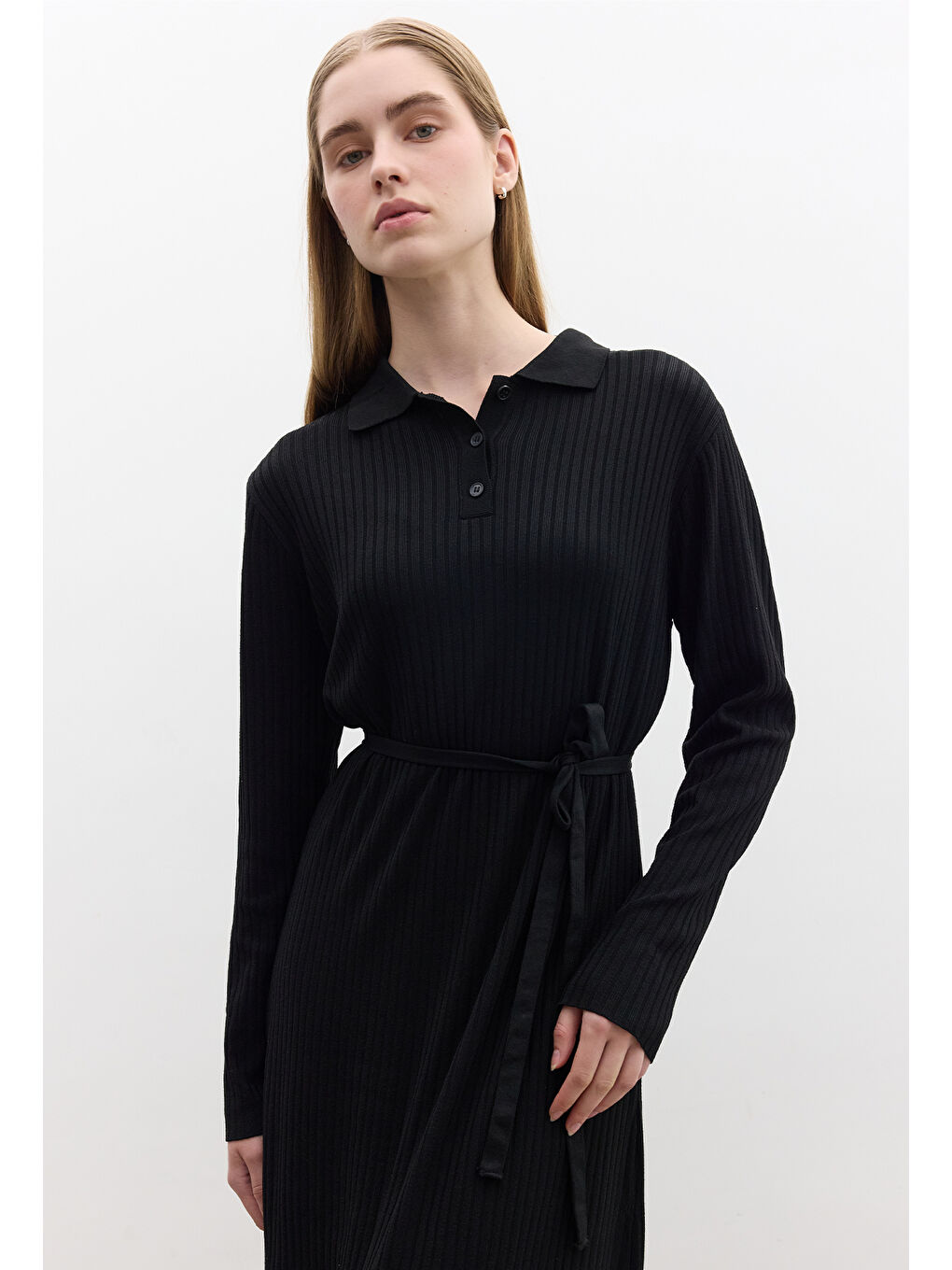 Yakalı Triko Elbise Siyah-1