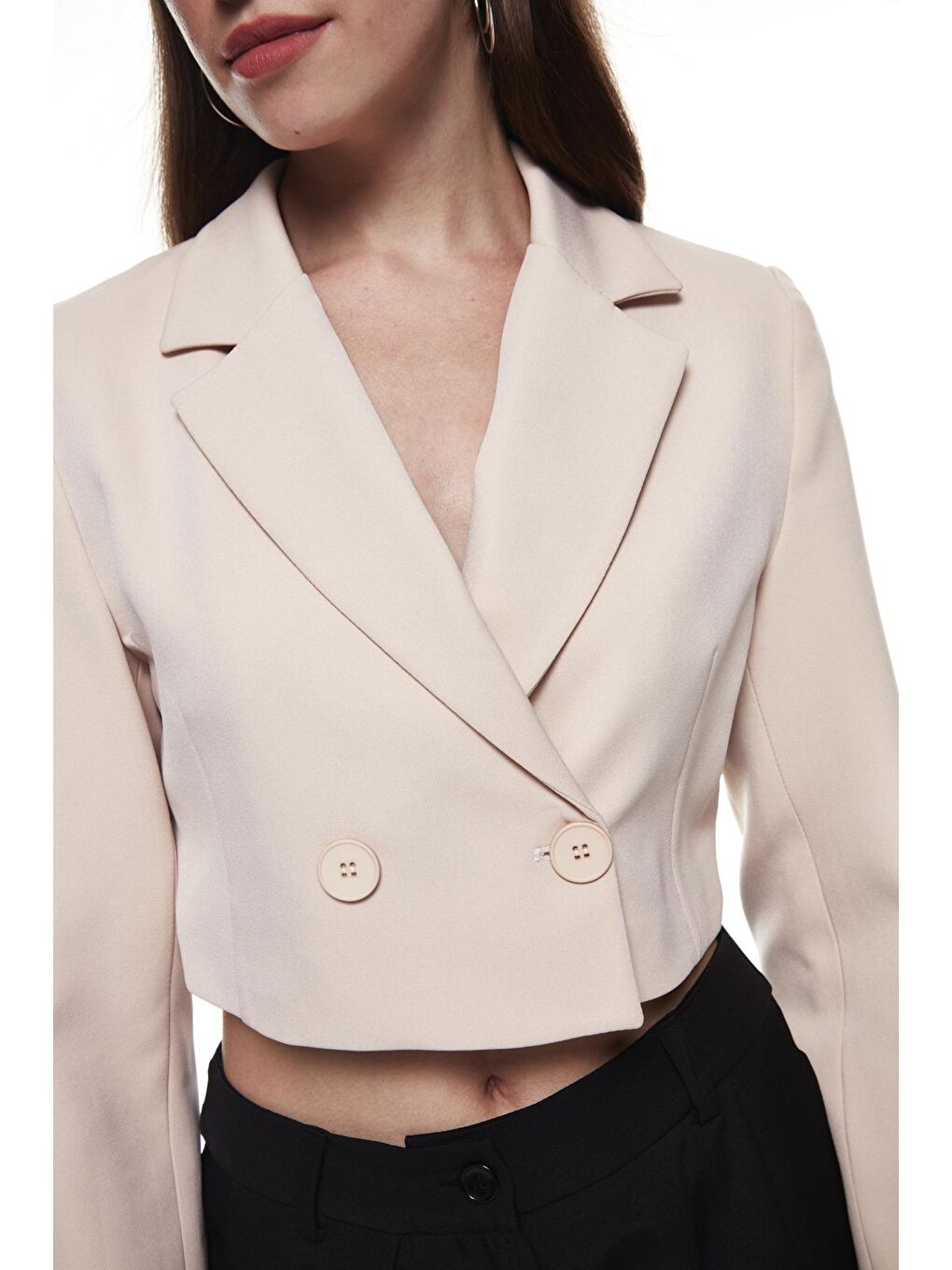 QUZU Bej Kruvaze Crop Blazer Ceket Bej - 3