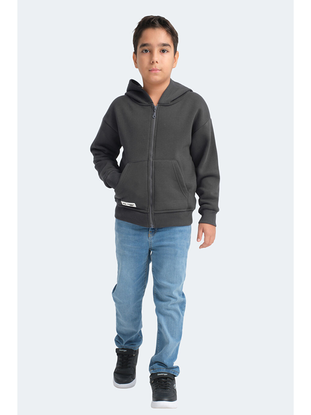 LEKAN Unisex Çocuk Fermuarlı Kapüşonlu Cepli Koyu Gri Sweatshirt-6