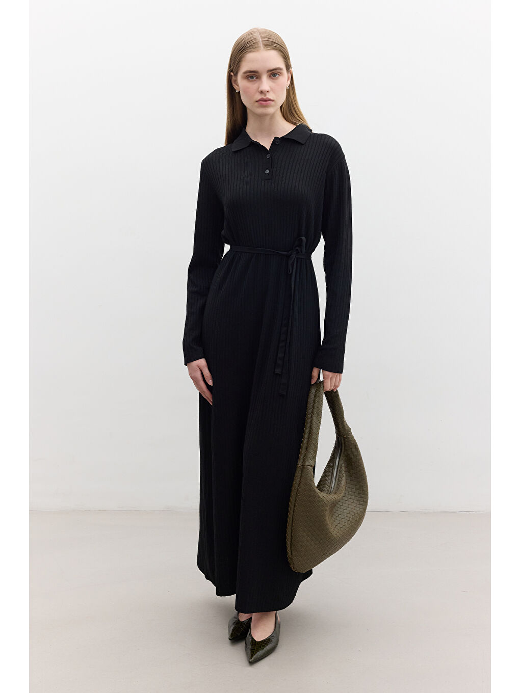 Yakalı Triko Elbise Siyah-2