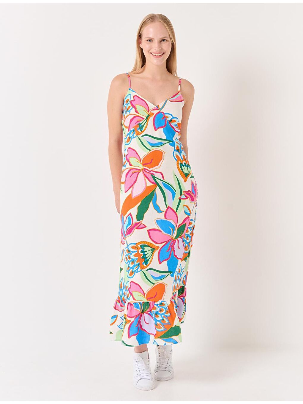 Karışık Askılı Çiçek Desenli Keten Elbise-2