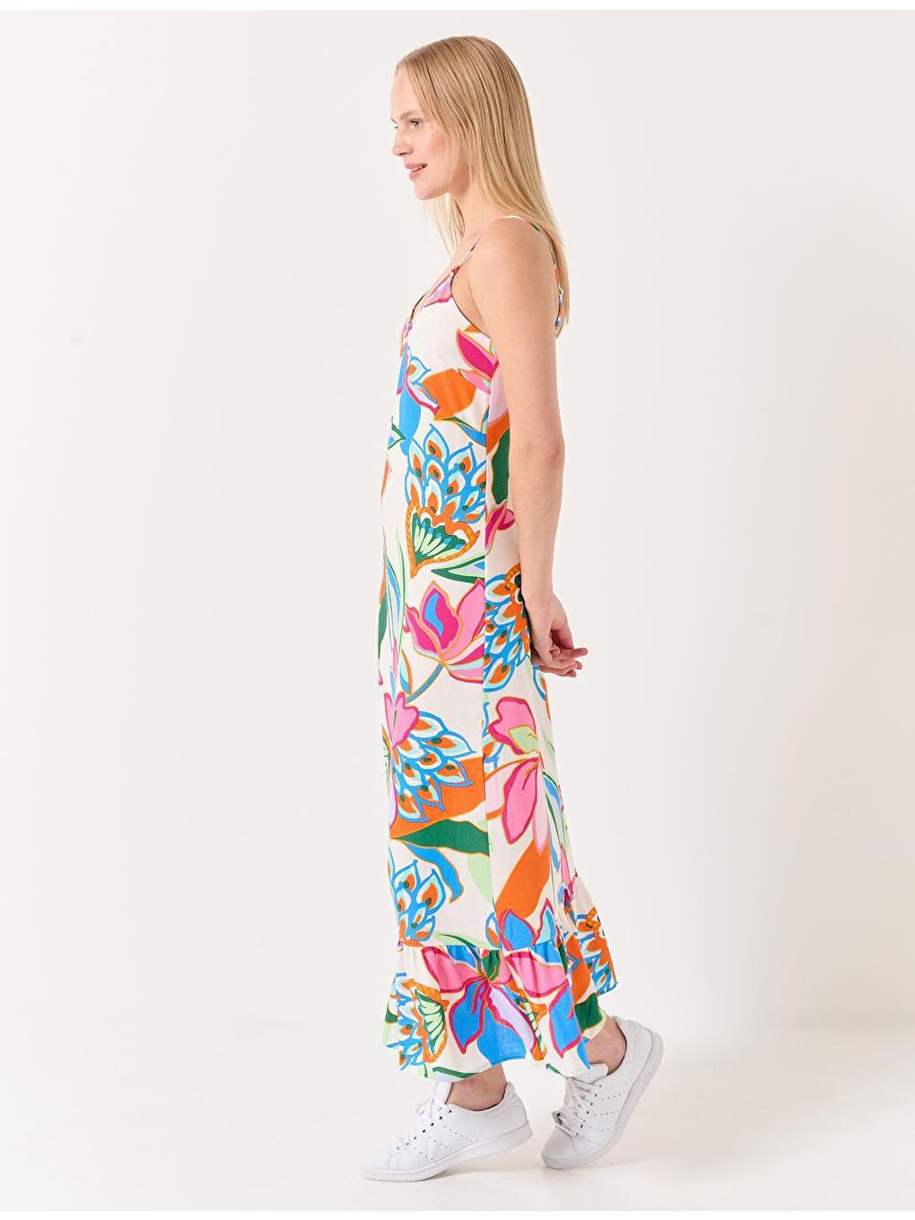 Karışık Askılı Çiçek Desenli Keten Elbise-3