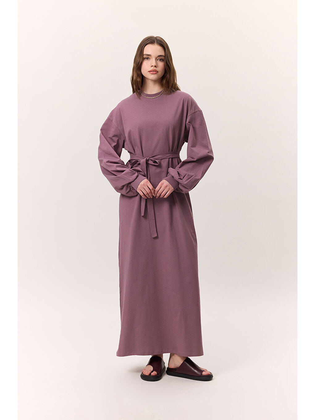 Lila Balon Kollu Uzun Rahat Elbise Leylak-1