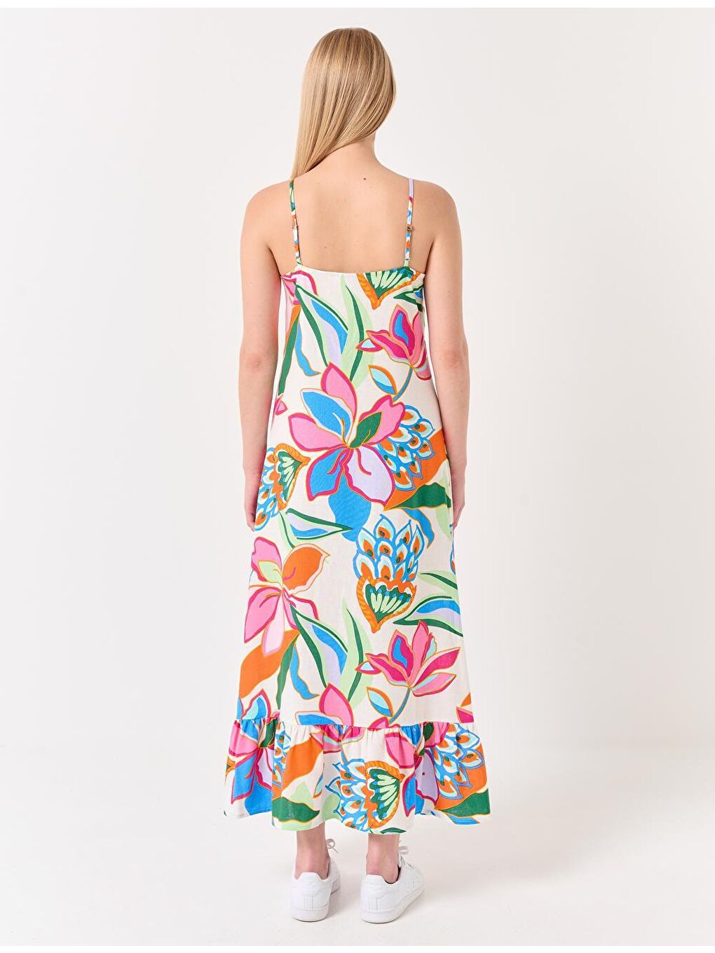 Karışık Askılı Çiçek Desenli Keten Elbise-4