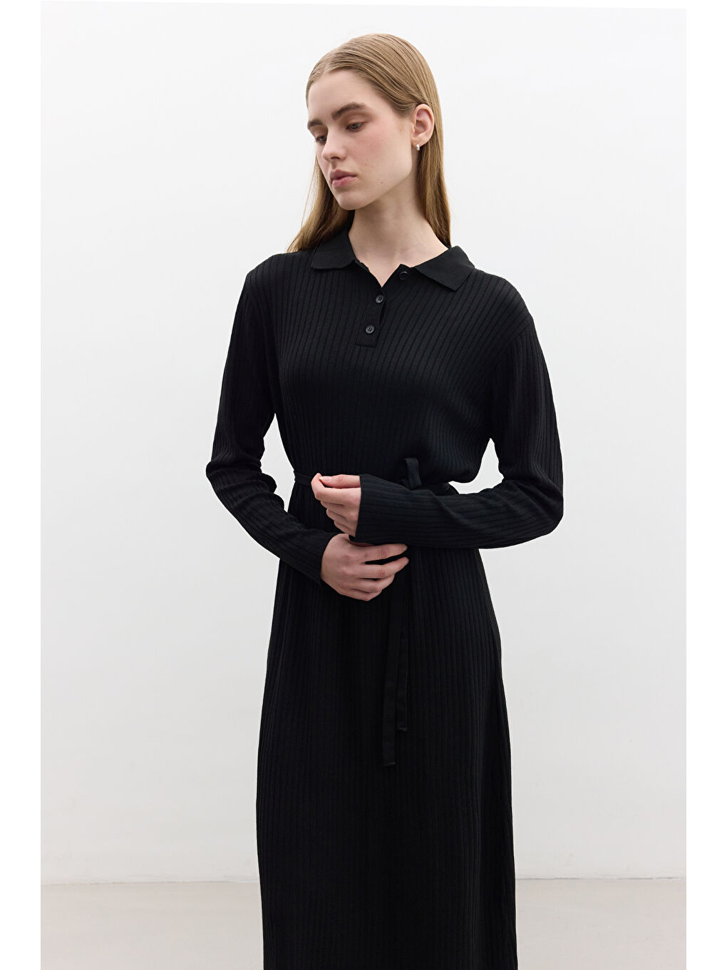 Yakalı Triko Elbise Siyah-4