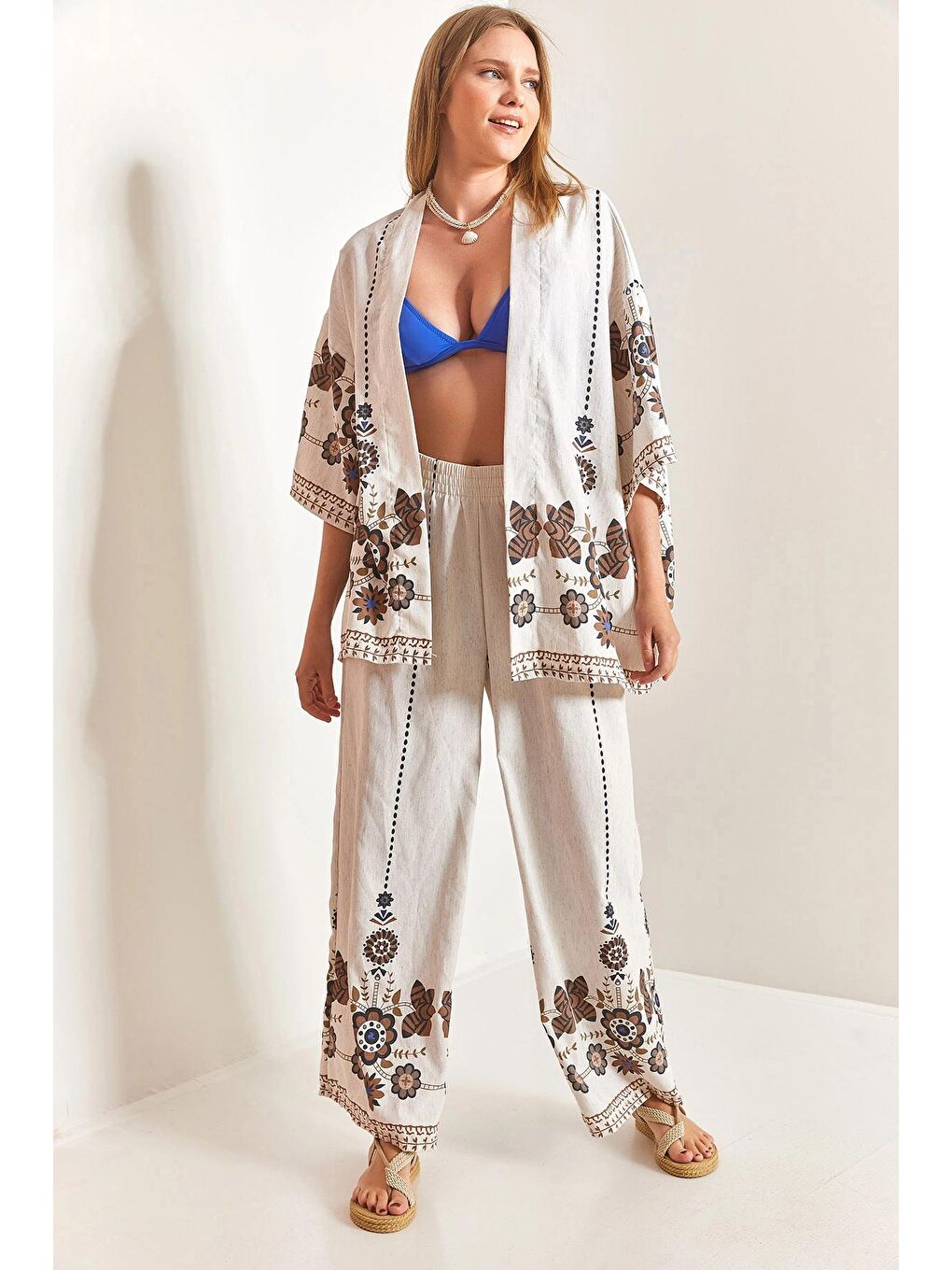 Kahverengi Kadın Multi Desen Kimono Takım