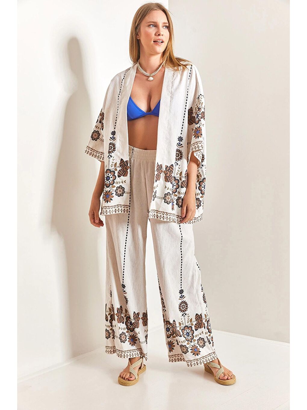 Kahverengi Kadın Multi Desen Kimono Takım-2