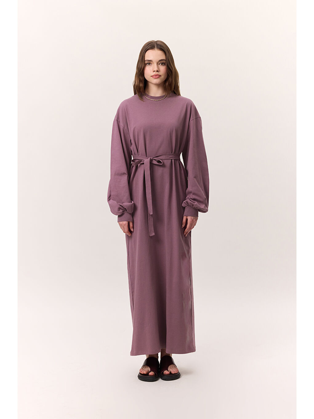 Lila Balon Kollu Uzun Rahat Elbise Leylak-4