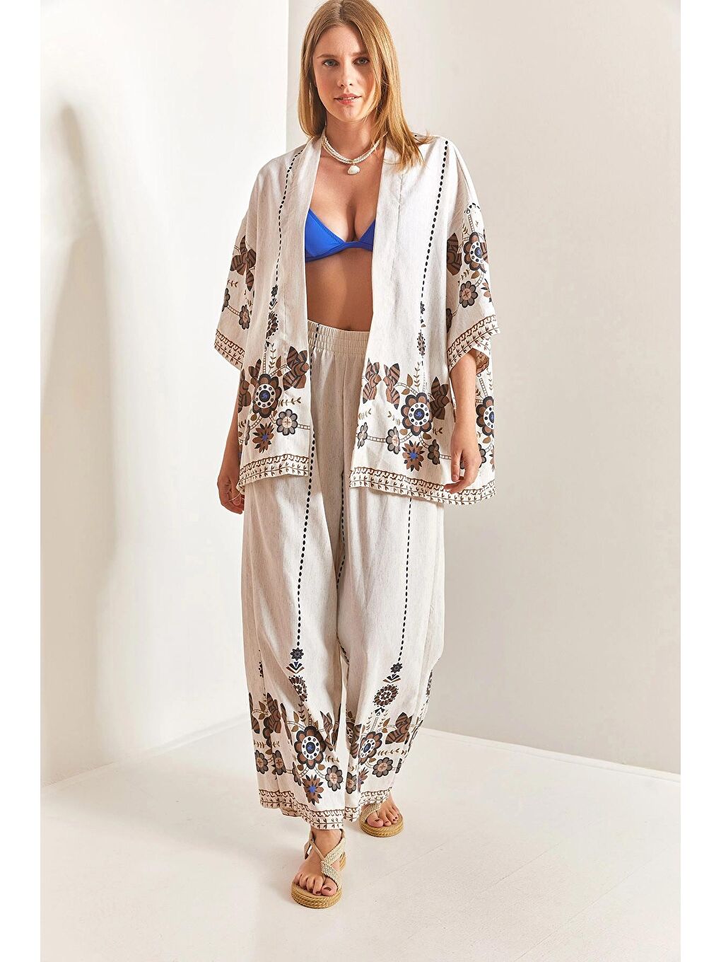 Kahverengi Kadın Multi Desen Kimono Takım-3