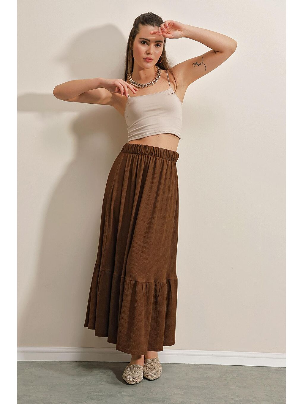 1886 Uzun Örme Etek - Kahverengi-1