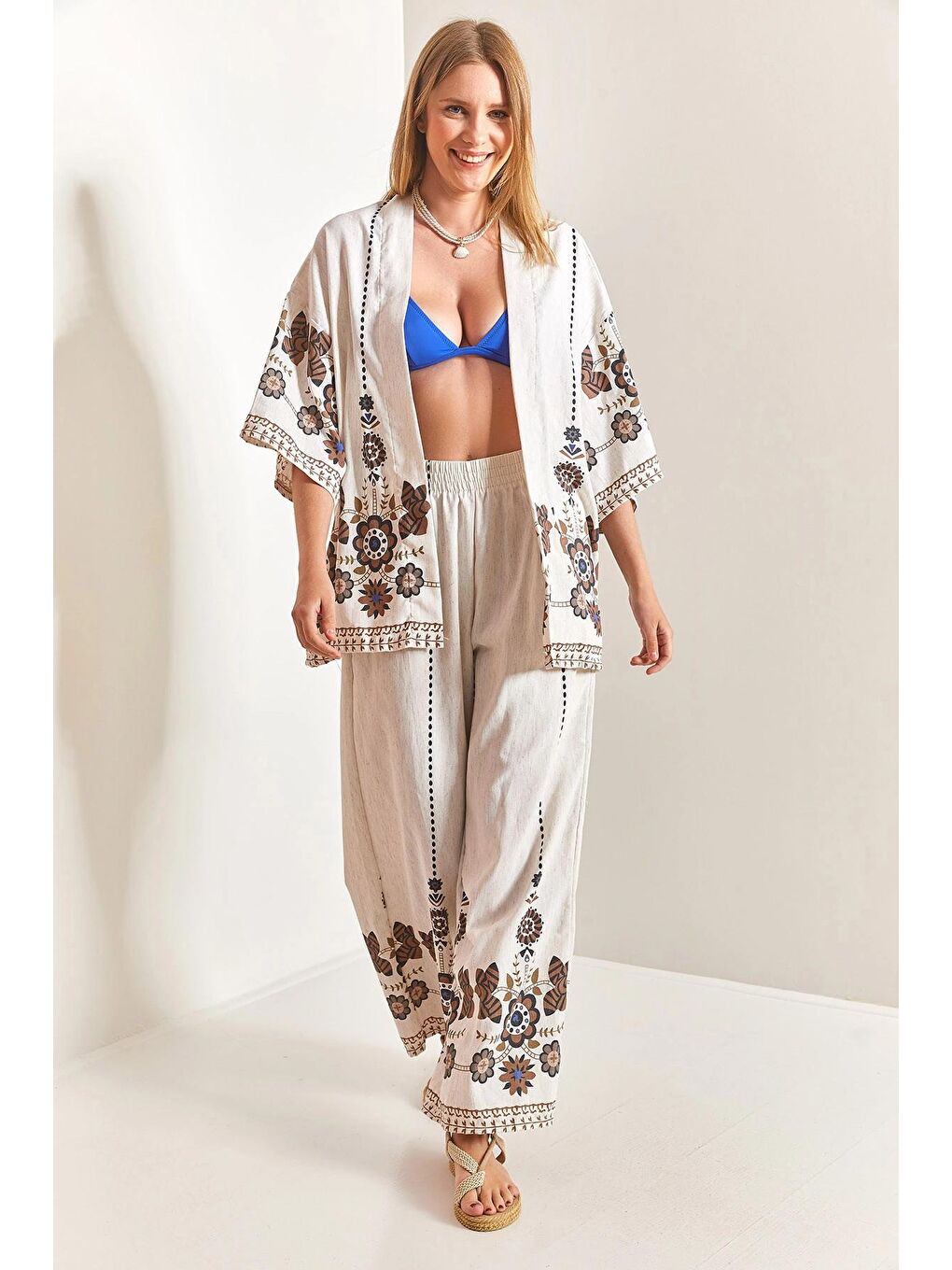 Kahverengi Kadın Multi Desen Kimono Takım-4