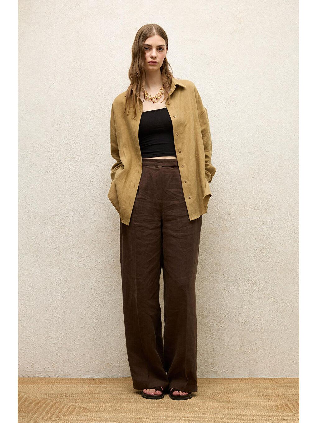 Bej Keten Oversize Düğmeli Gömlek Sahra-1