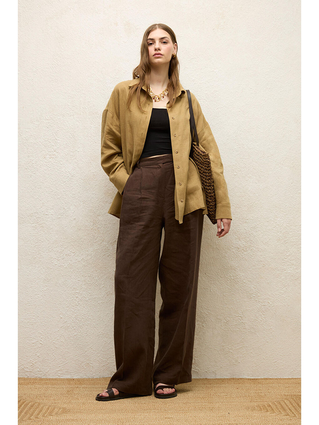 Bej Keten Oversize Düğmeli Gömlek Sahra-2