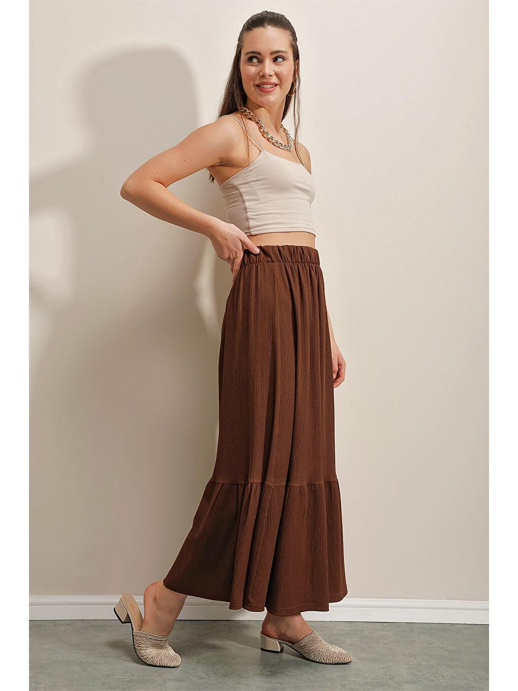 1886 Uzun Örme Etek - Kahverengi-2