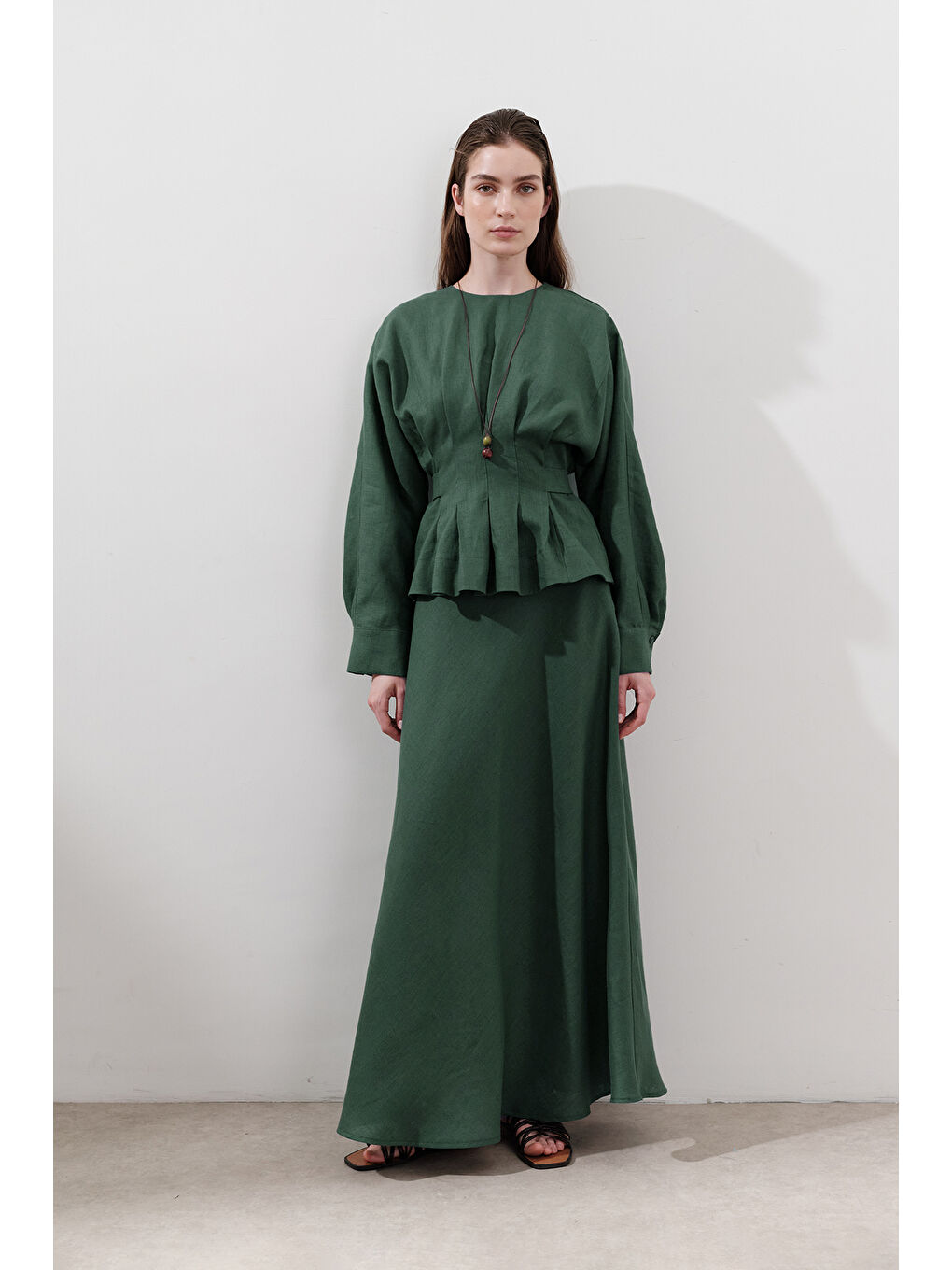 Keten Dikiş Detaylı Etek Petrol-2