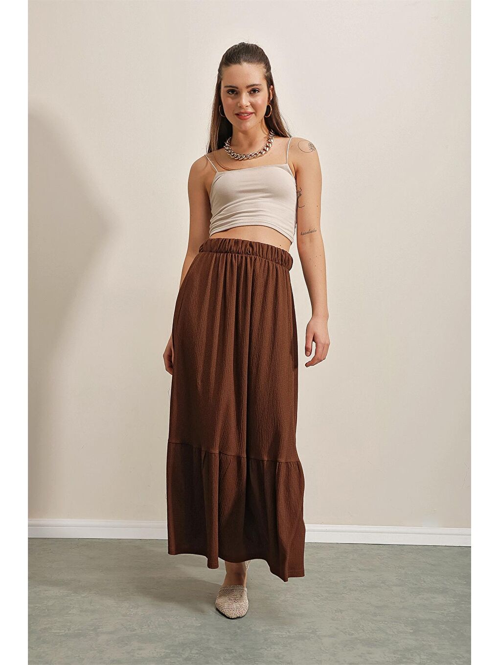 1886 Uzun Örme Etek - Kahverengi-3
