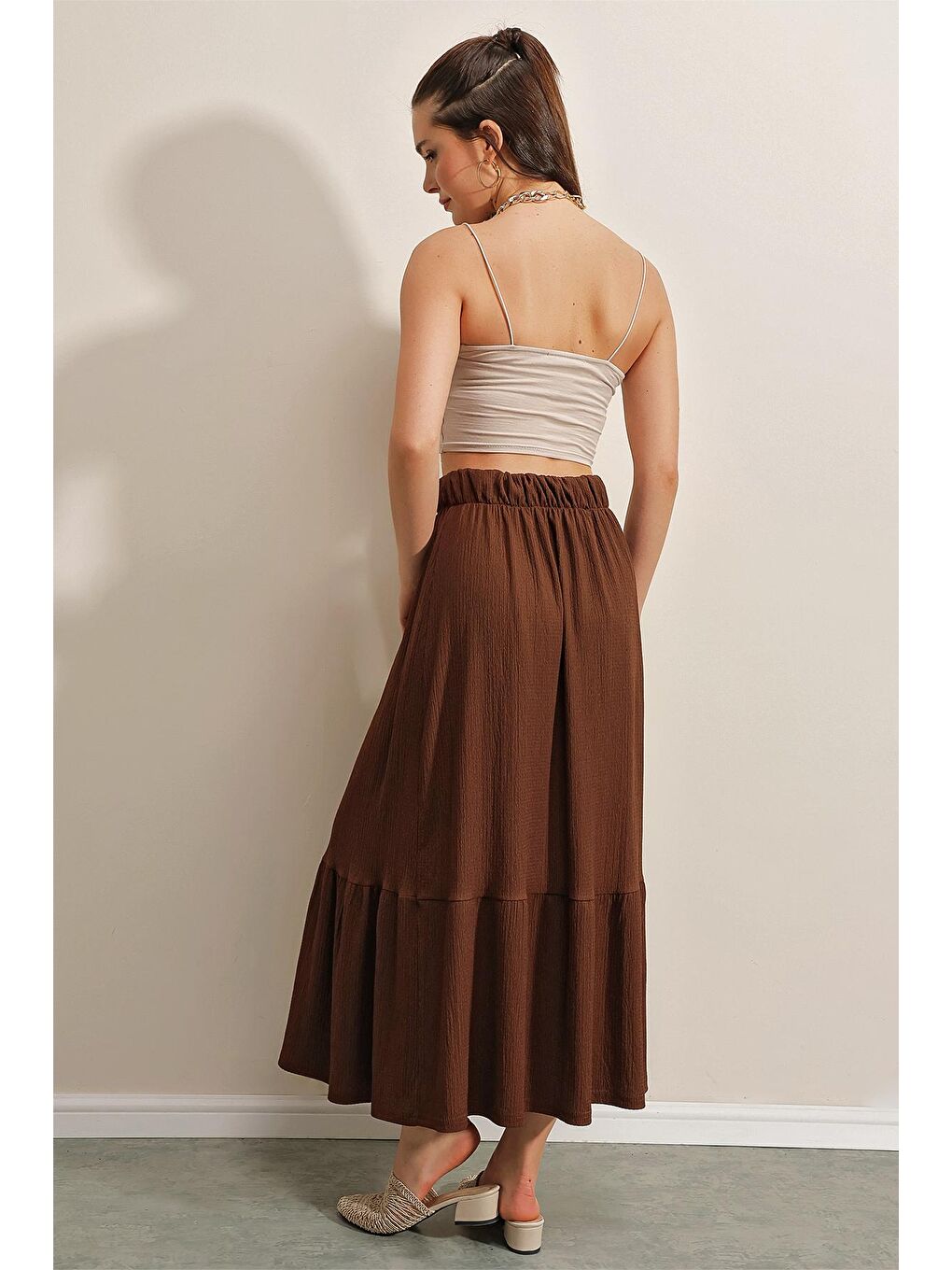 1886 Uzun Örme Etek - Kahverengi-4