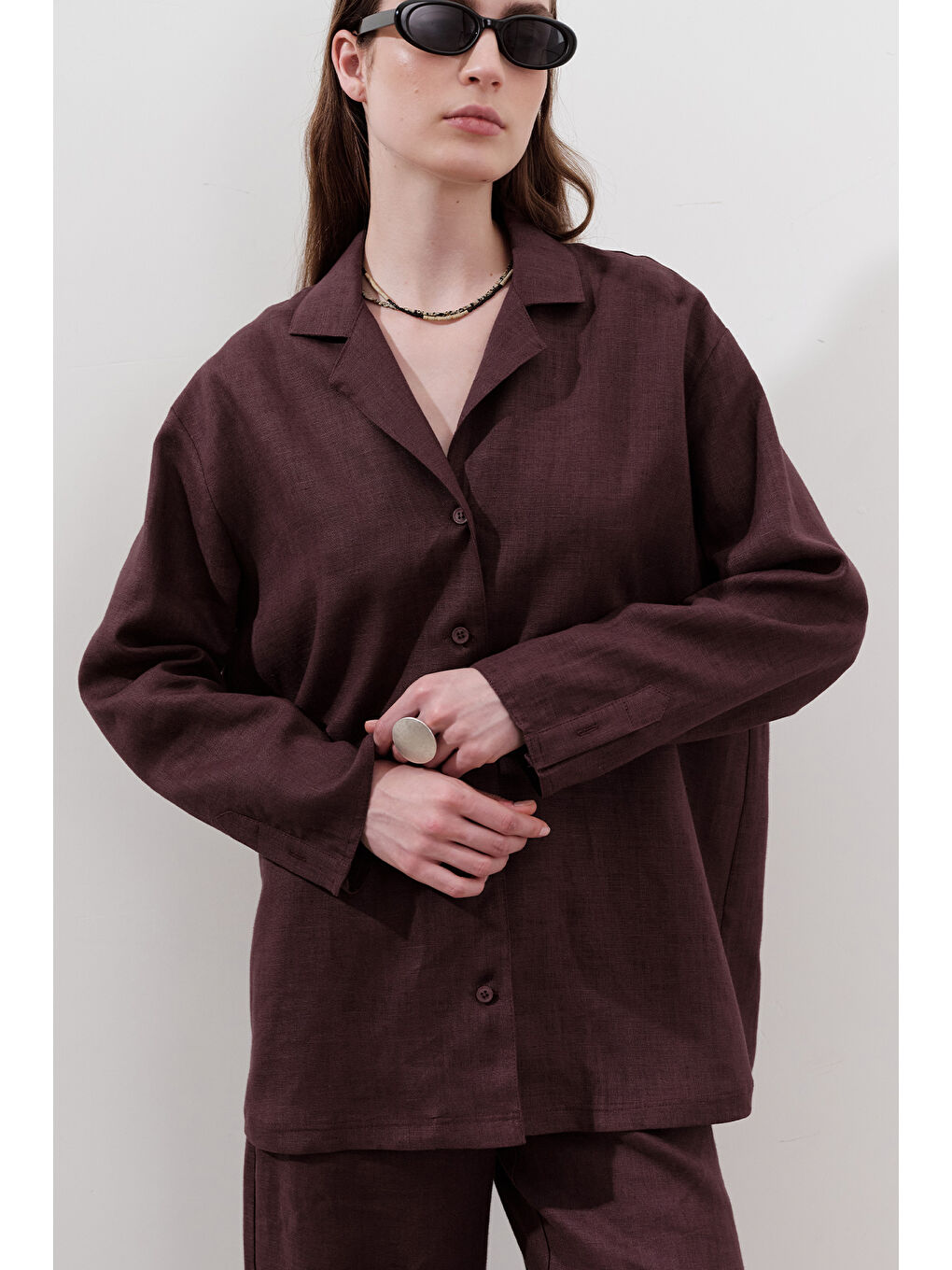 Keten Geniş Kollu Gömlek Mürdüm