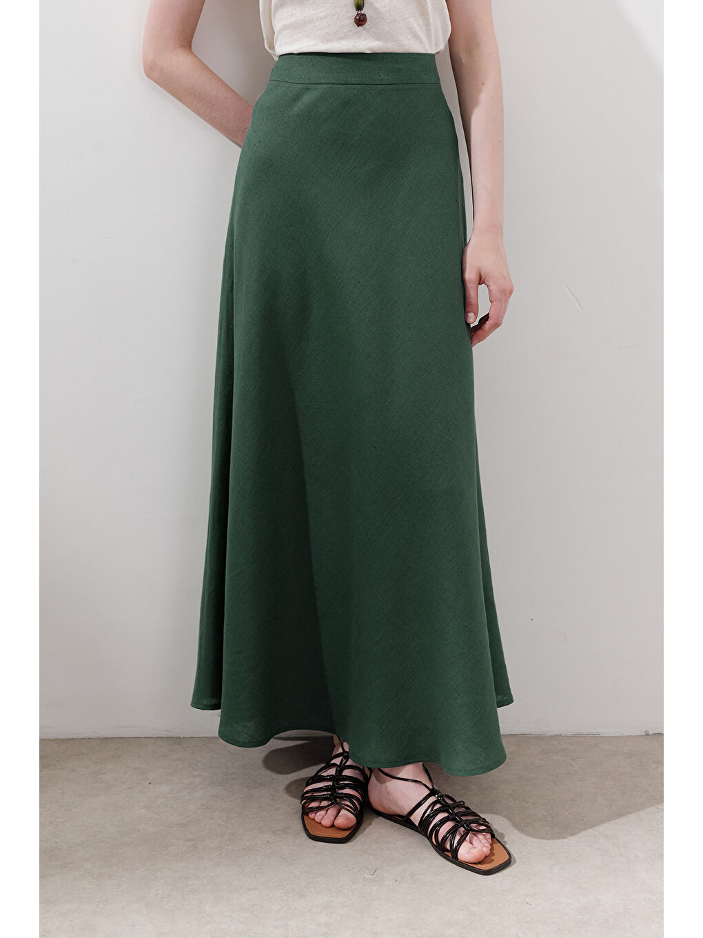 Keten Dikiş Detaylı Etek Petrol-3