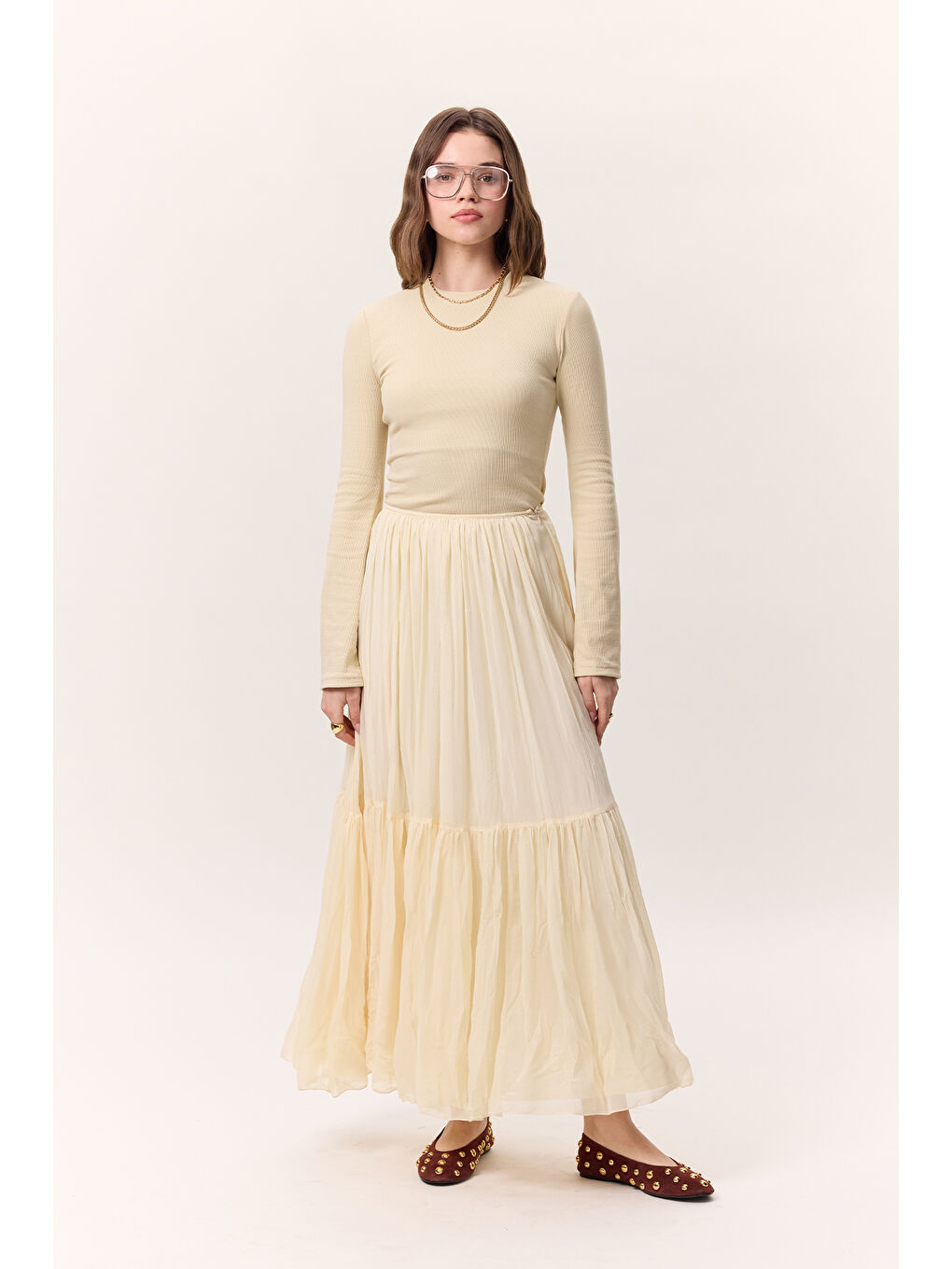 Bej Crush Piliseli Uzun Etek Vanilya-5