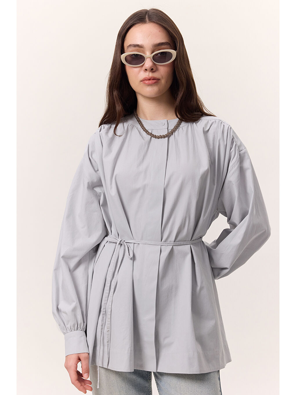 Büzgü Detaylı Geniş Gömlek Buz Mavi-2