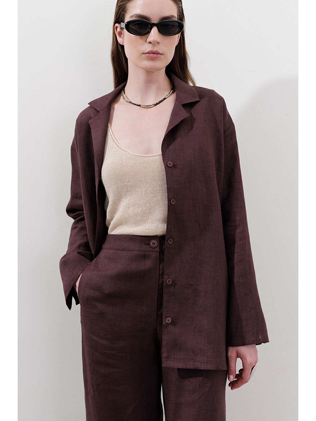 Keten Geniş Kollu Gömlek Mürdüm-1