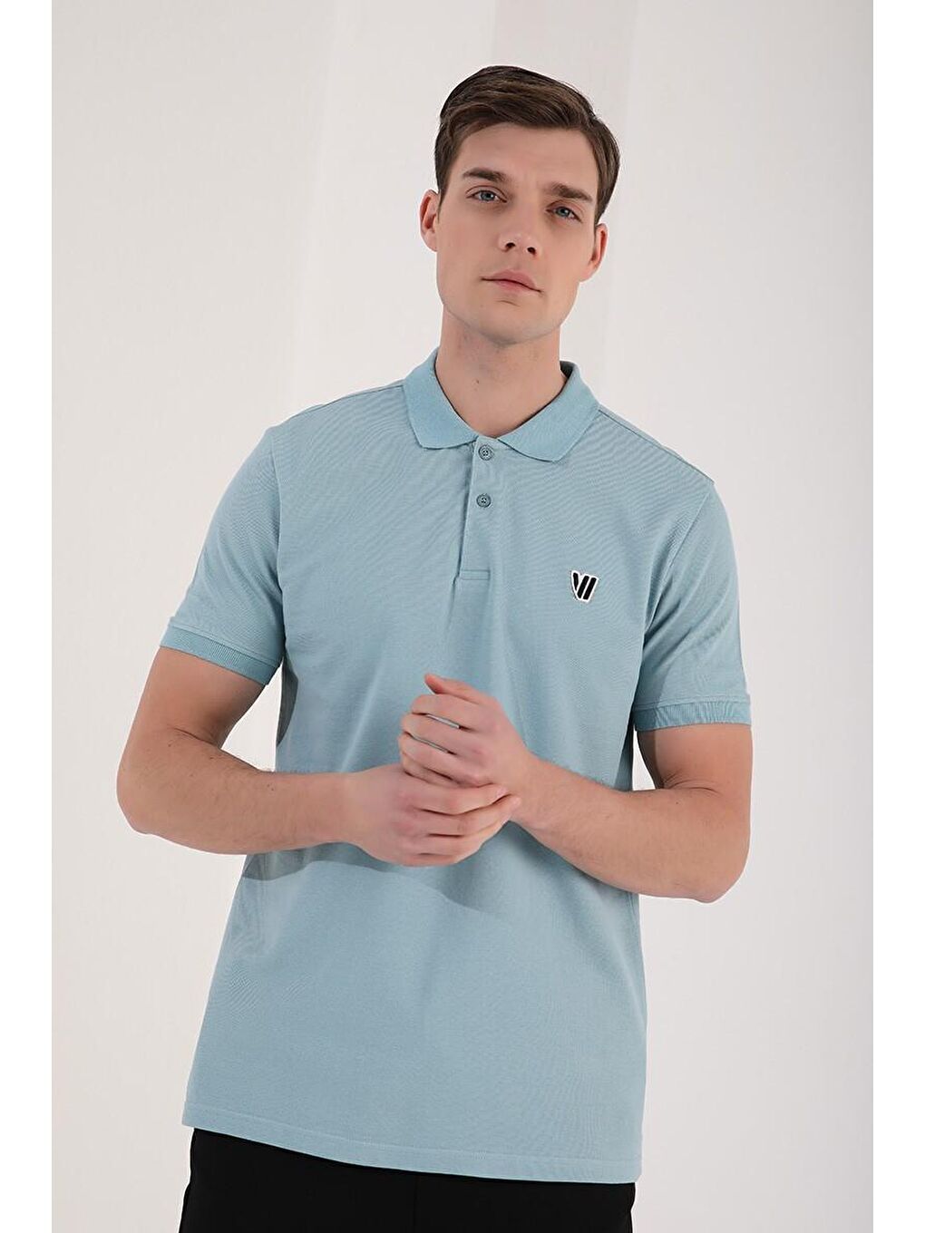 TOMMYLIFE Buz Mavi Basic Göğüs Logolu Standart Kalıp Triko Polo Yaka Erkek T-Shirt - 87768 - 2