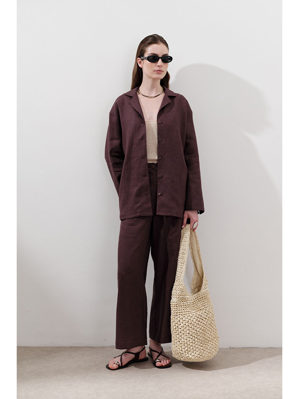 Keten Geniş Kollu Gömlek Mürdüm-2