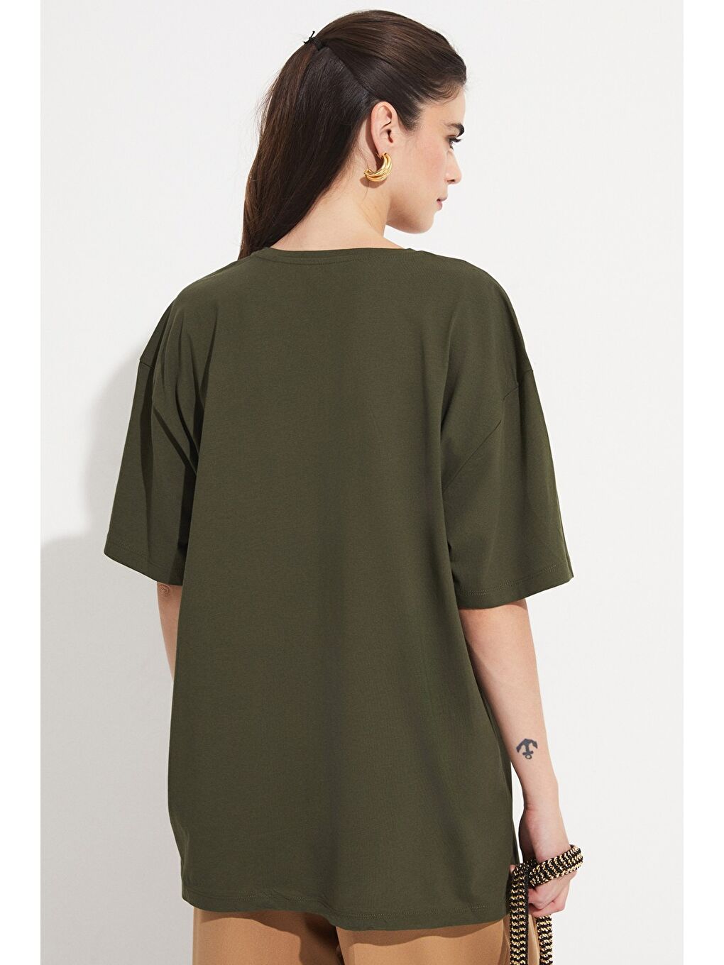 Haki Oversize %100 Pamuk Tişört-1