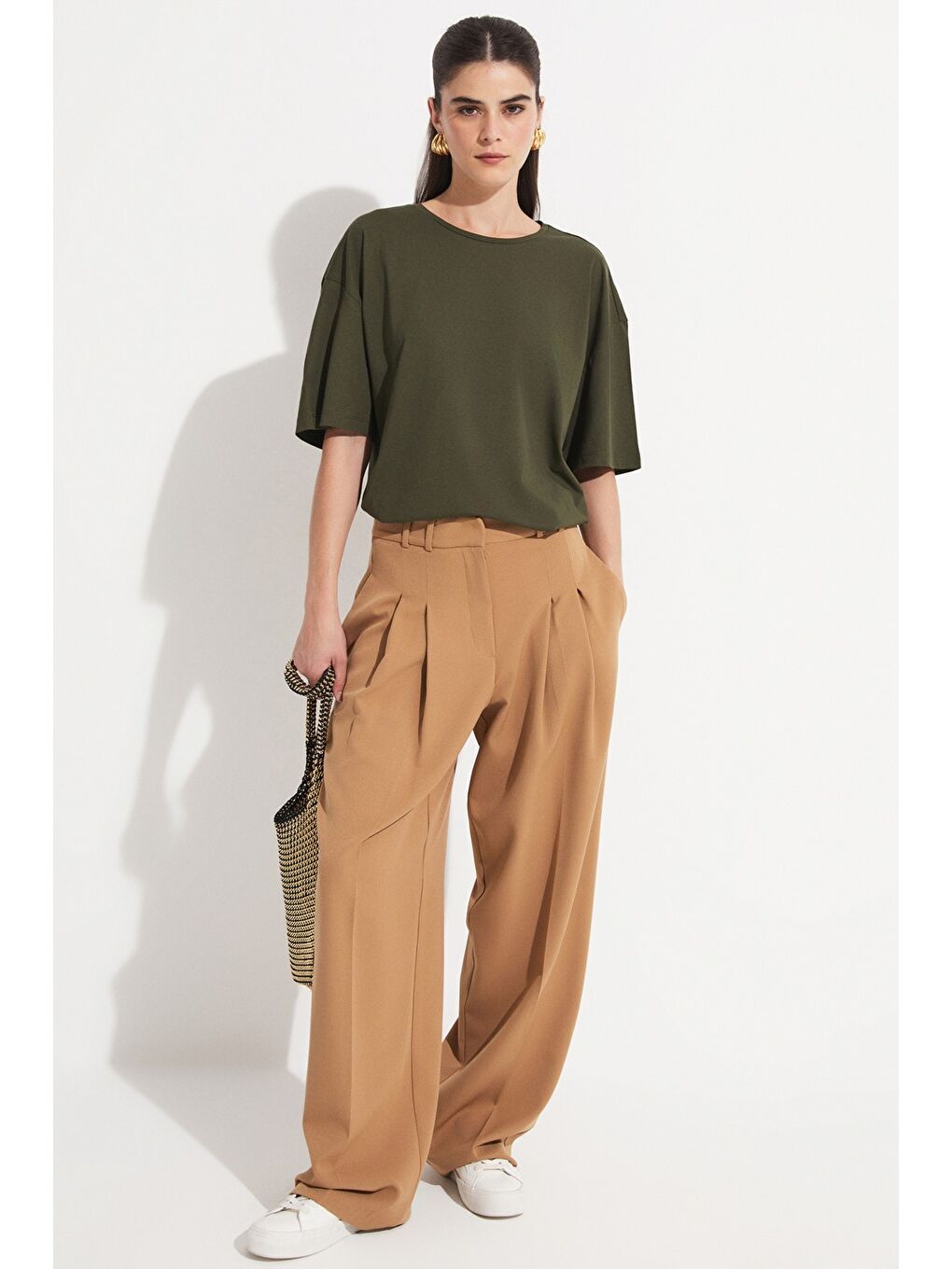 Haki Oversize %100 Pamuk Tişört-2