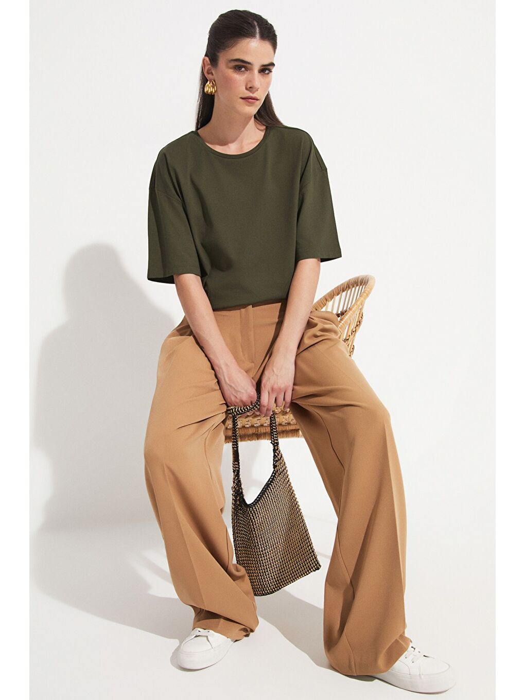 Haki Oversize %100 Pamuk Tişört-4