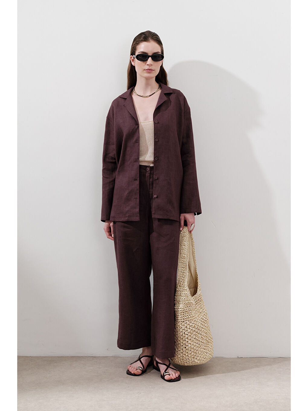 Keten Geniş Kollu Gömlek Mürdüm-3