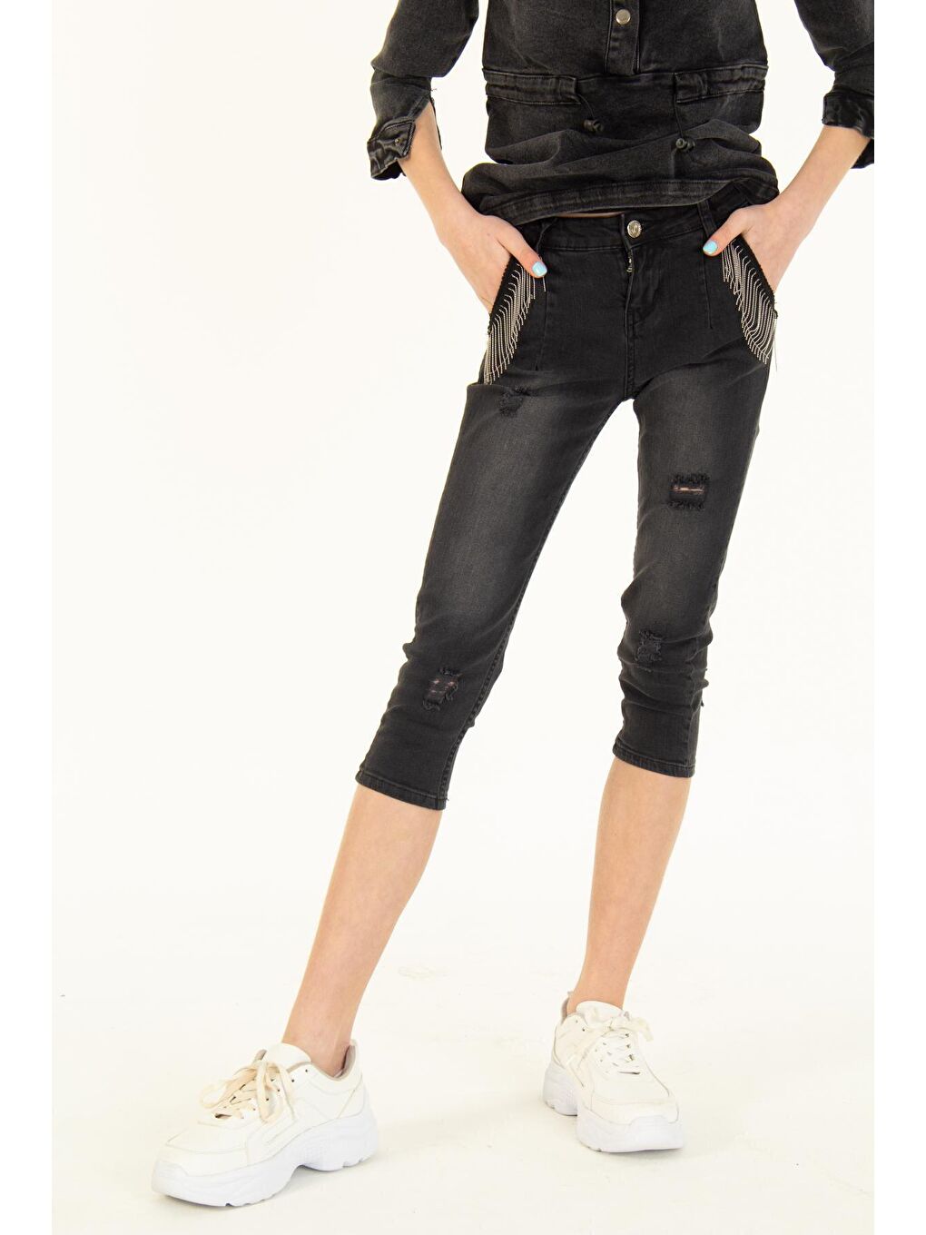 Siyah Kız Çocuk Cep Süslemeli Jean Kapri Pantolon 7-14 Yaş