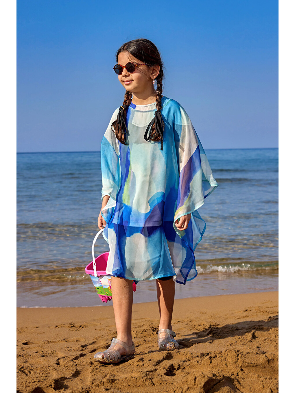 Lacivert Kız Çocuk Kimono Hafif, Dökümlü, Pareo Cp2501-2
